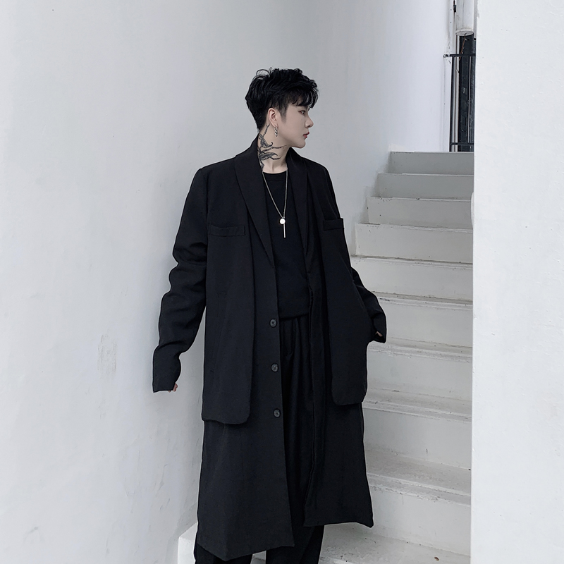 

XL!!Autumn and winter new dark personality stitching design men's long section fake two windbreaker hair stylist youth jacket, Black