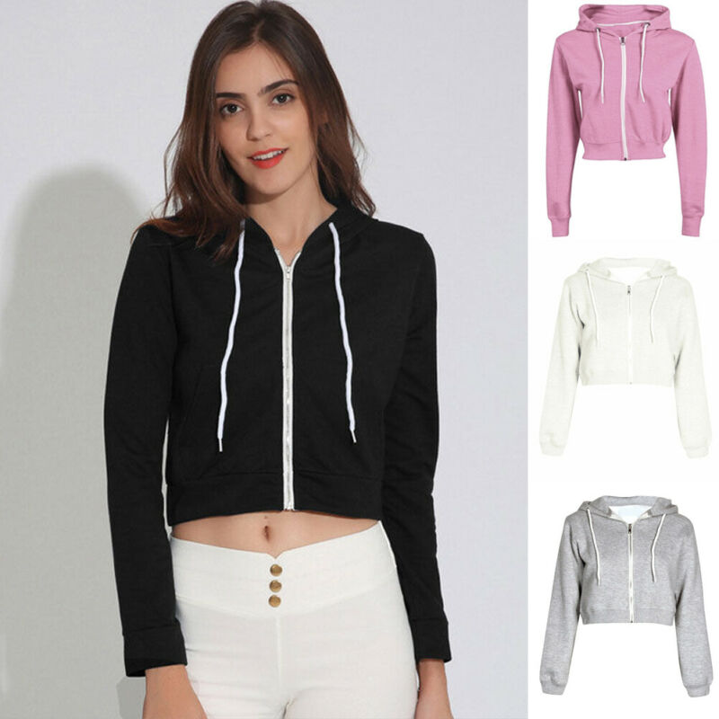 

2020 Autumn New Women Tops Drawstring Hooded Long Sleeve Hoodie Sweatshirts Zip Up Crop Casual Jacket Zipper Coat Ladies Outwear, Black
