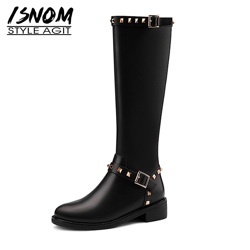 

ISNOM 2020 New Genuine Leather Knee Boots Women Rivets Chunky Heels Shoes Autumn Winter Boot Warm Shoes Ladies Big Size 45, Black
