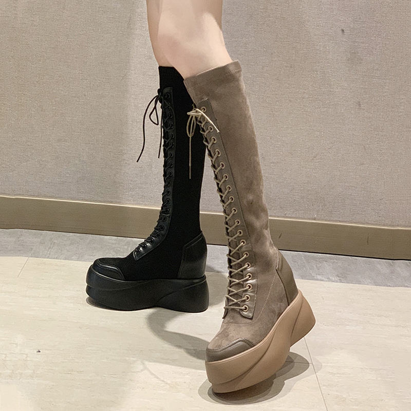

Fashion Womens Knee High Boots Platform Wedge High Heels Shoes Nubuck Leather Lace Up Boots Women Black Brown K21
