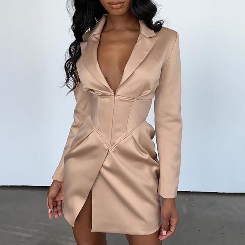 

2020 New autumn winter V neck khaki sexy blazer dress Women bodycon elegant thin coat outwear Female party club night blazer