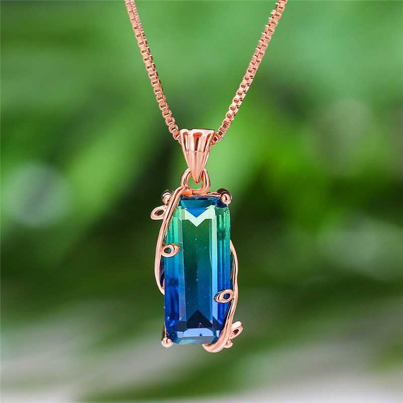

Charm Female Rinbow Crystal Stone Necklace Rose Gold Silver Color Pendant Necklace Cute Bridal Square Wedding For Women
