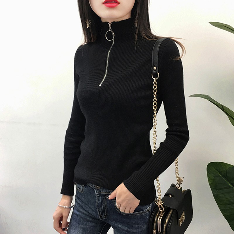 

Blackday New Autumn Ladies Sweaters Half Turtleneck Stretch Knit Wear Long Sleeve Women Zipper Outwear Sweater Drop New, Black