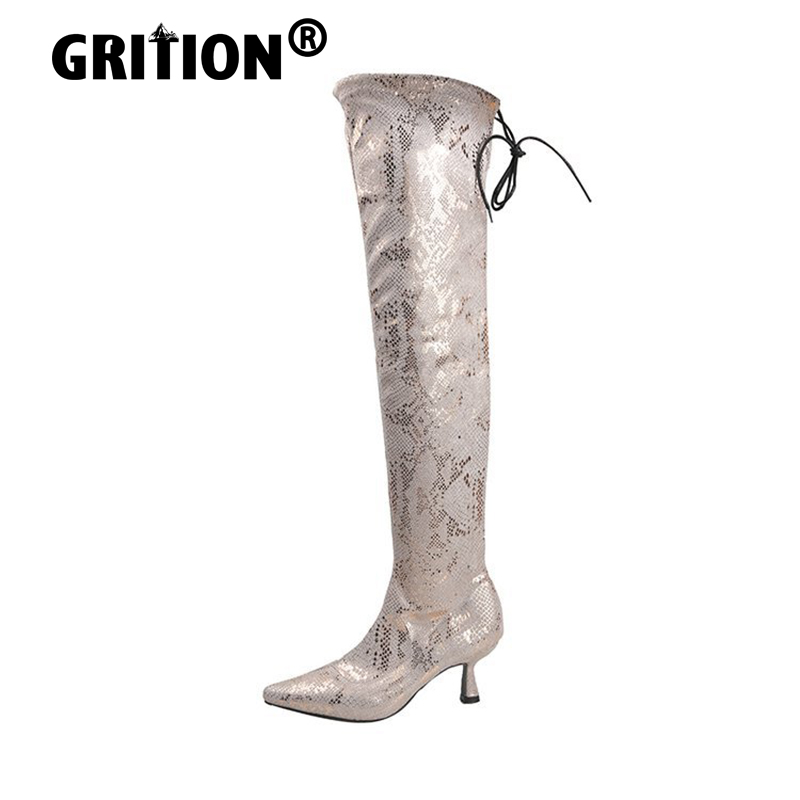 

GRITION Women Over The Knee Winter Boots Elastic Band PU Short Plush Warm High Heel Sexy Shoes 2020 Size 43 Serpentine Soft New, Khaki