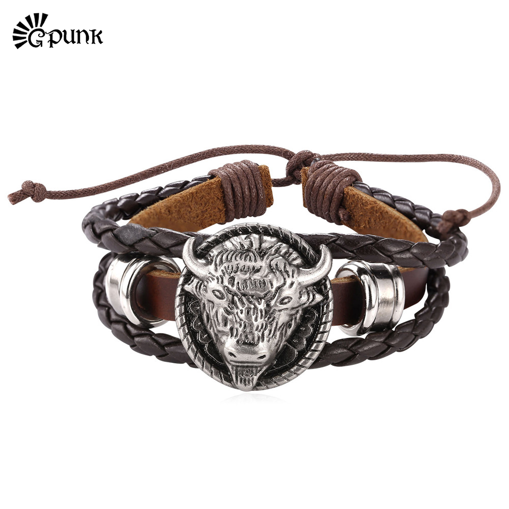 

Hiphop Men Cow Head Wrap Bracelet Handmade Luxury Genuine Leather Multilayer Bangles Wholesale Animal Punk Jewelry 2138G