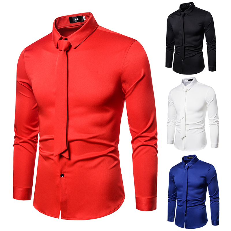

Men' Dress Shirts Men Fashion Solid Color Long Sleeve Nightclub Slim Fit Satin Shirt With Tie Male Large Size -5XL, Black