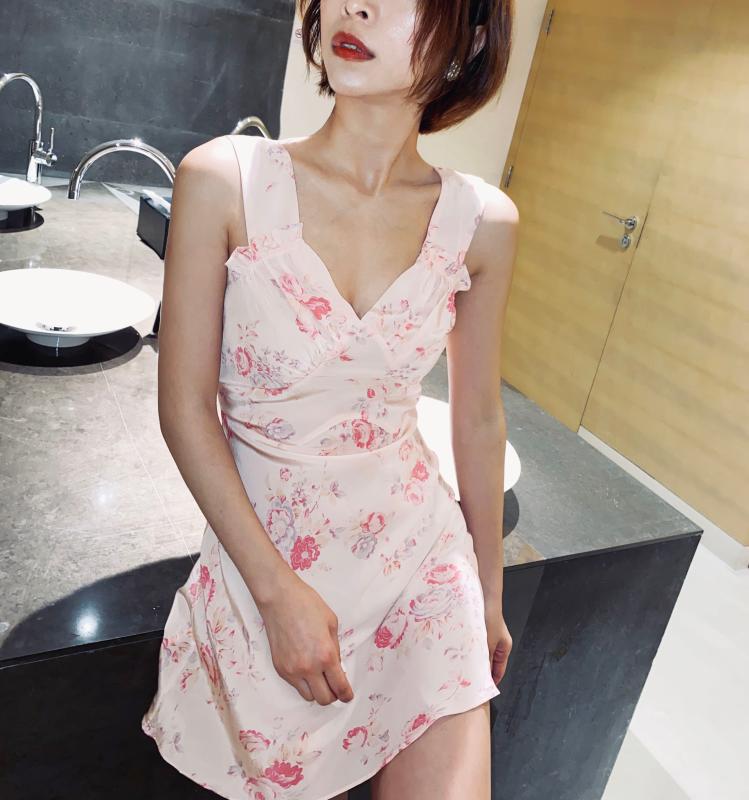 

Pink printed silk playful short cut dress women