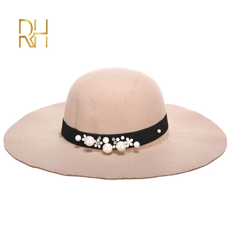 

Autumn Winter Hats Caps for Women Fashion Wool Felt Fedora Hat with Pearl Ladies Girls Wide Brim Top Hats Dome RH, Black