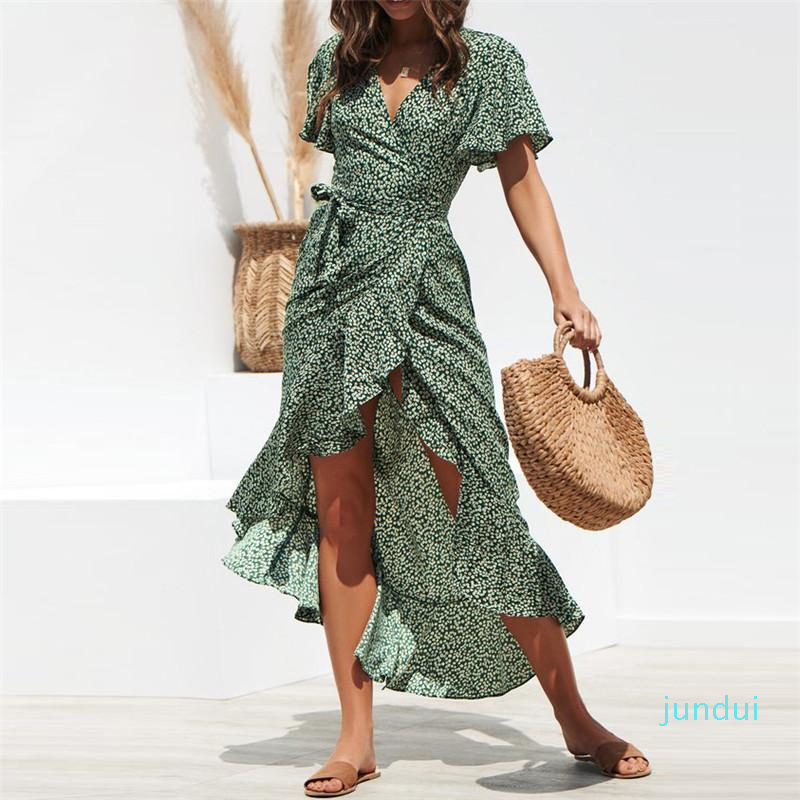 

Hot Sale Summer Beach Maxi Dress Women Floral Print Boho Long Dress Ruffles Wrap Casual V-Neck Split Sexy Party Dress Robe Femme, Black;gray