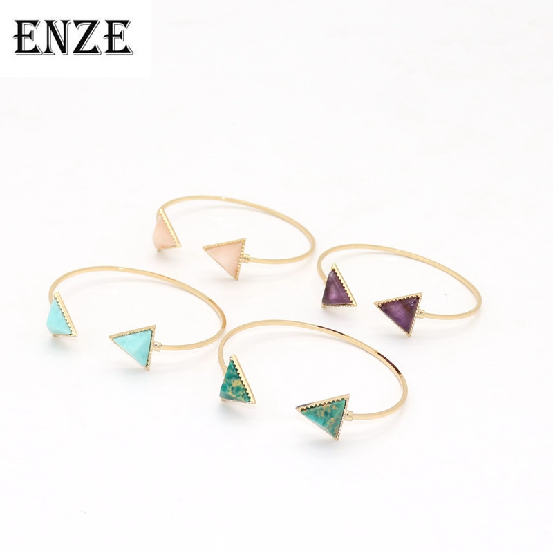 

ENZE fashion new accessories Zinc Alloy Triangle Pattern Green Purple Stone Beautiful Opening Bangle Women Accessories