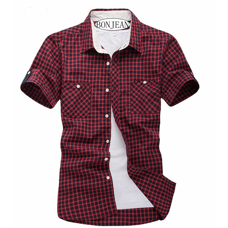 

summer new plaid shirt casual men's short-sleeved shirt Summer fashion cotton men's College style, Khaki