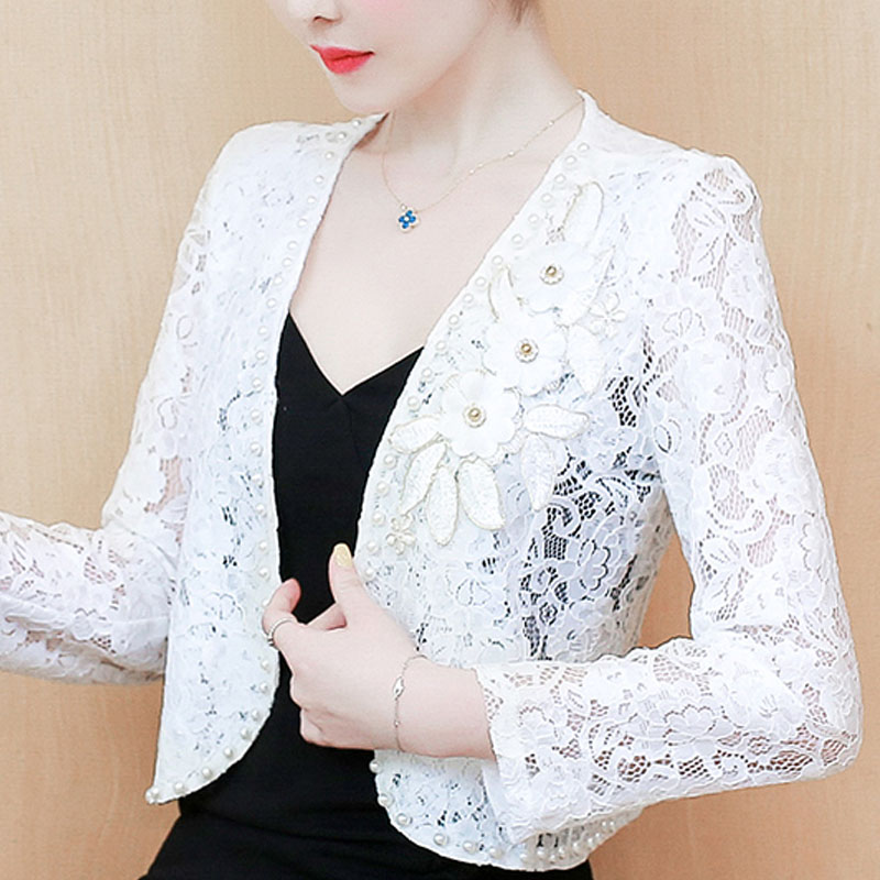 

3XL 4XL plus size jacket women long sleeve black white women jacket beading hollow out lace coat short clothes D107