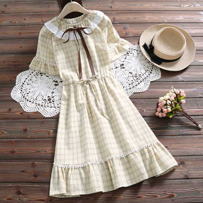 

Mori girl kawaii plaid dress new arrival summer fashion ruffled short sleeve dress japan style women vestidos, Beige