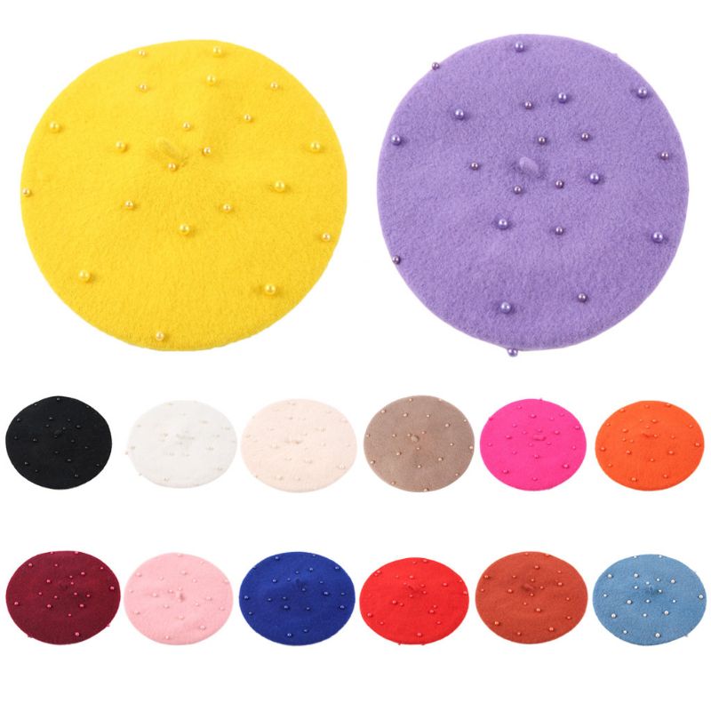 

Children Kids Unisex Autumn Cute Painter Beret Cap Faux Pearl Embellishment Candy Solid Color Woolen Flat Hat Retro Artist 2-7T, No.sb