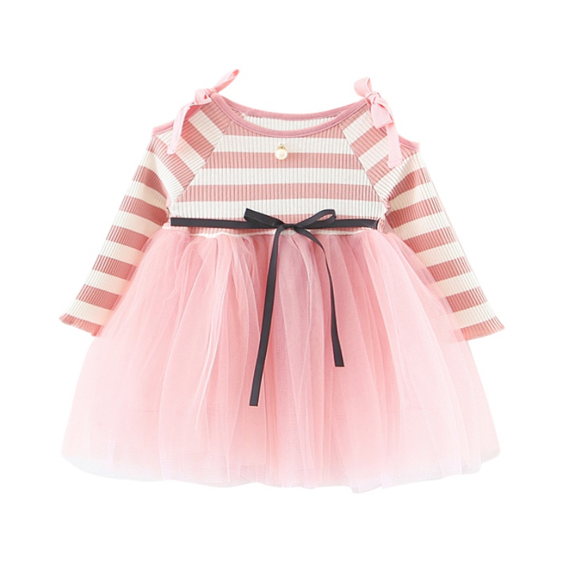 

Autumn Toddler Baby Girls Dresses Long Sleeve Lace Dress Girl Infant Princess Party Tulle Dresses Striped, Pink
