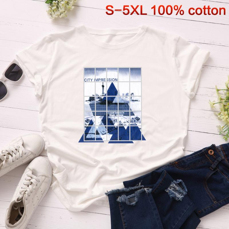 

2020 New Pyramid Print TShirt Women Shirts 100% Cotton O Neck Short Sleeve Summer Oversized T Shirt Tops Women T-shirt, No pattern