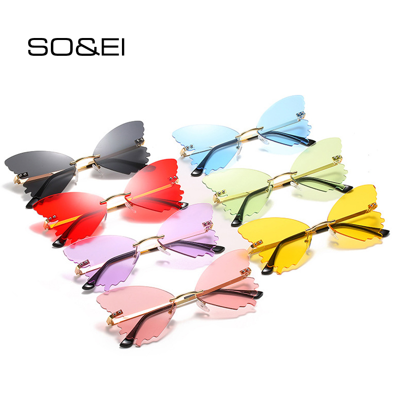 

SO&EI Unique Rimless Women Sunglasses Brand Designer Clear Ocean Lens Eyewear Butterfly Shape Ladies Sun Glasses Oculos UV400