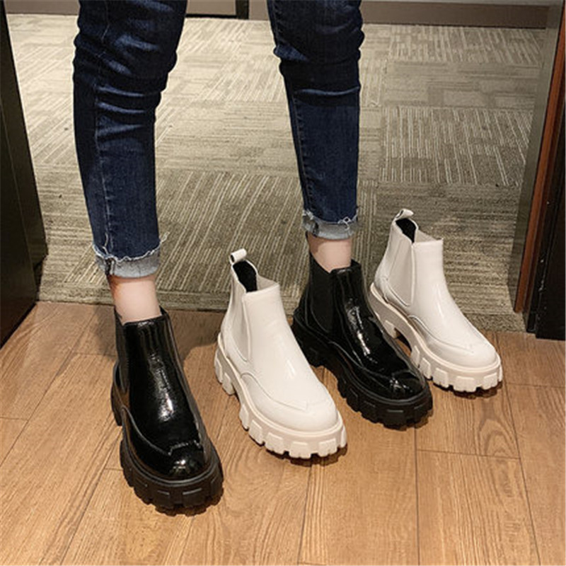 

Spring Autumn Patent Leather Ankle Boots Women Motorcycle Boots Female Shoes Woman Thick Sole Punk Beige Black Eu 35-39
