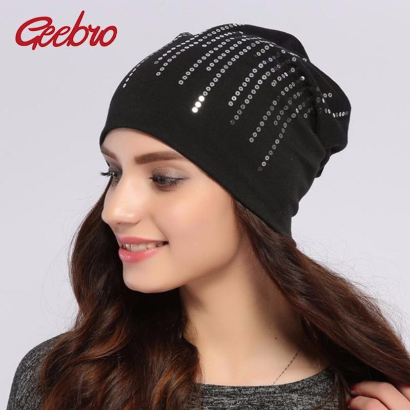 

Geebro Women's Round Silver Sequins Beanie Hat Spring Black Cotton Slouchy Hats Beanie For Women Skullies Balaclava Bonnet Sapka, White