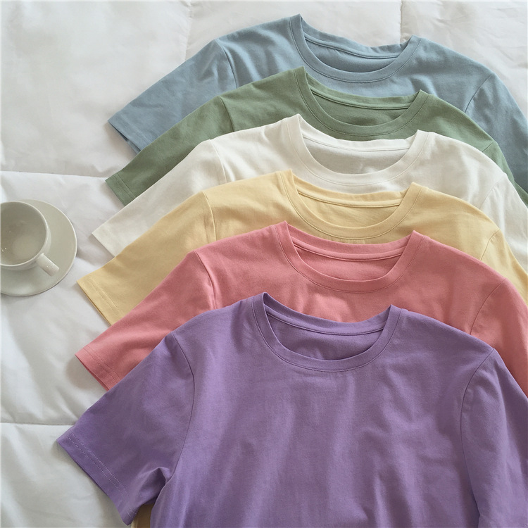 

Round Collar Pure Cotton T-shirts Candy Color Short Sleeve Women Casual Loose Spring Summer T-shirt 6 Colors, White
