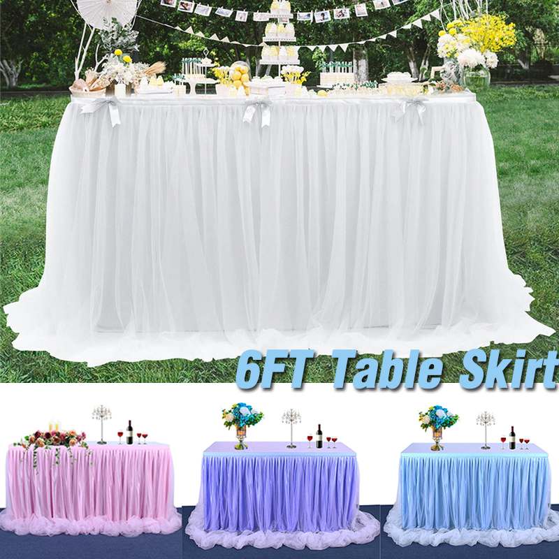 

6ft Long Net Yarn Table Skirt Wedding Party Tulle Tableware Cloth Birthday Banquet Party Wedding Table Skirt Home Decor, White