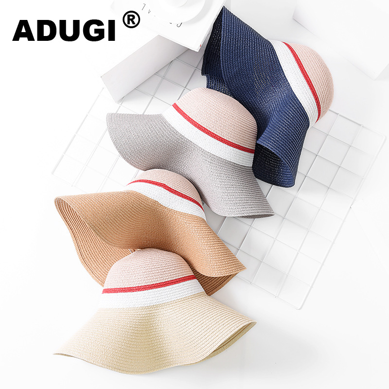 

ADUGI Big Eaves Color Matching Straw Hat Female New Summer Outdoor Travel Sunscreen Sun Hat Shade Breathable Seaside Beach, Beige