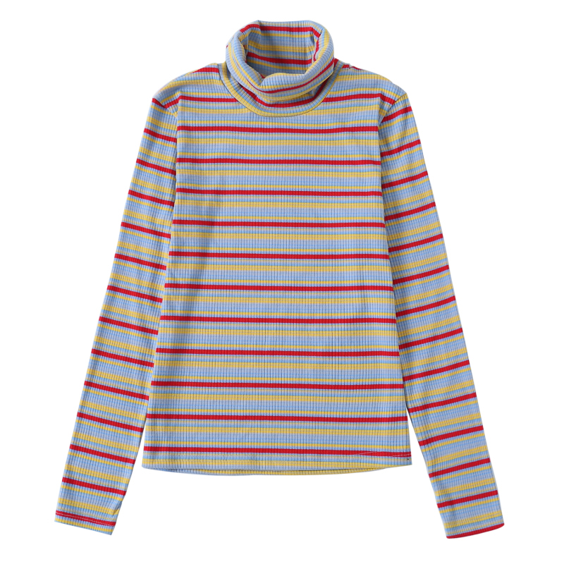 

2020 Women Korean Harajuku Kpop Green and Yellow Striped Turtle Neck Long Sleeve Cotton Slim Knitted Sweater