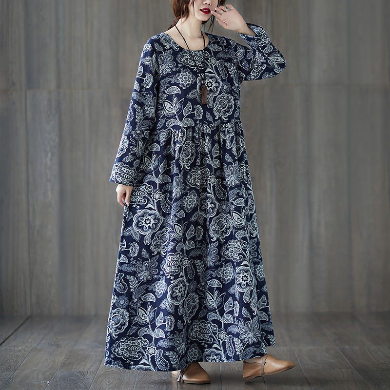 

Chinese Style Print Floral Vintage Dress Long Sleeve Autumn Dress Cotton Linen Plus Size Long Maxi Women Casual, As picture