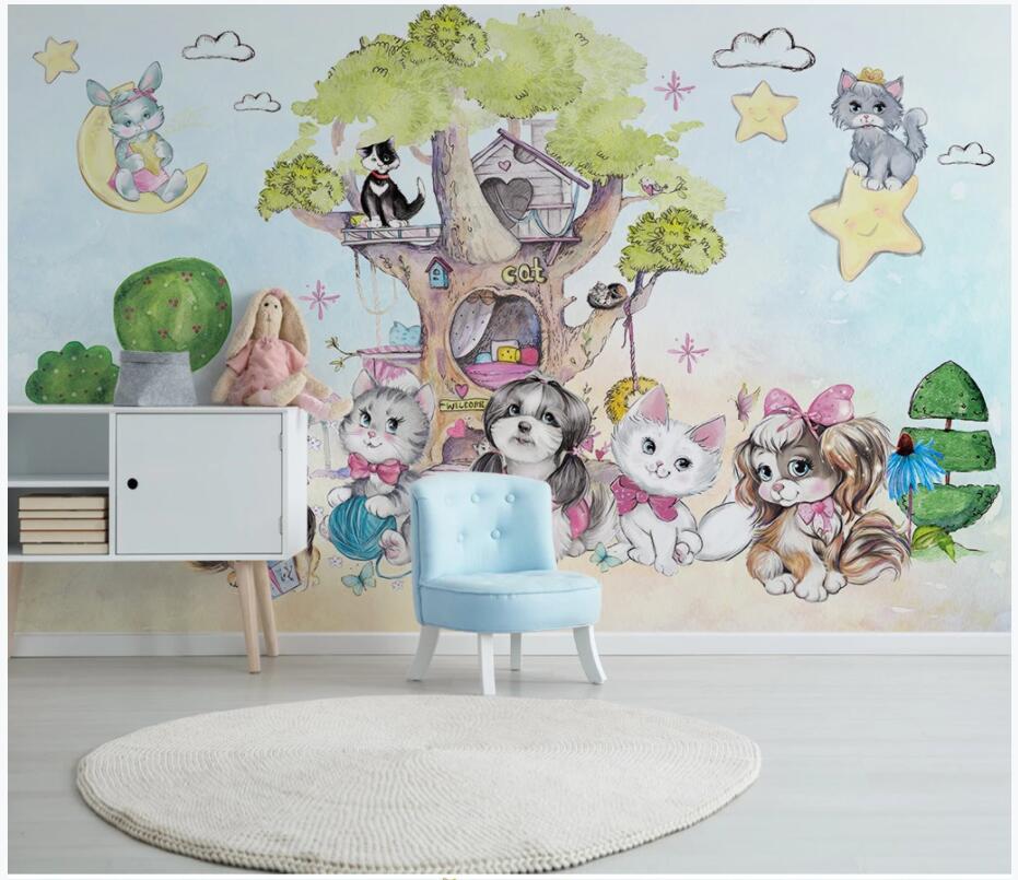 

3d wall murals wallpaper custom mural on the wall Cartoon hand drawn pet cat paradise children's room decor photo wallpaper for walls 3 d, Non woven wallpaper