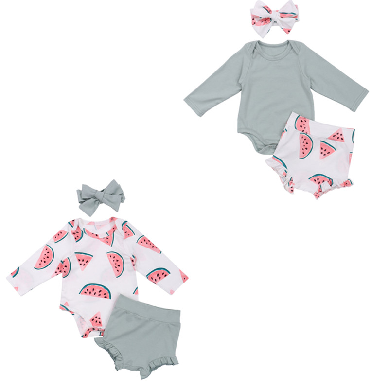 

3PCS Infants Girl Romper Watermelon Printed O-Neck Long Sleeve Casual Headband Summer Shorts Suit