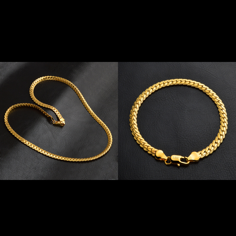 

Classic Snake Chain Bracelet And Necklace Set For Men Gift Wholesale Trendy African Dubai 18 K Stamp Gold Color Jewelry Set S374, As pic