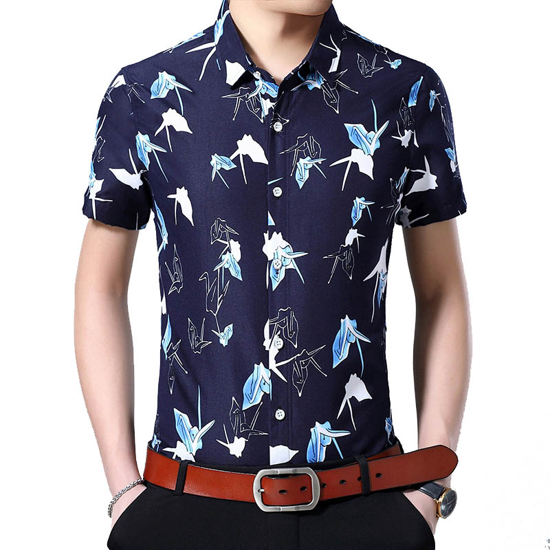 

2020 Floral Print Single Breasted Slim Shirt Men Plus Size 7XL 6XL 5XL Summer Hawaiian Shirts Short Sleeve Shirt Man, Blue-5390