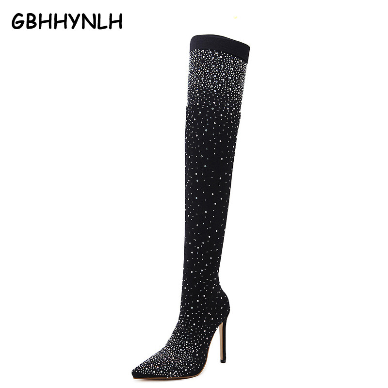 

GBHHYNLH Women Fashion Pointed Toe pumps Bling Bling heels Over Knee Rhinestone Boots Crystal shoes Long High Heel Boots LJA298, Black