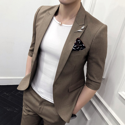 

Front + pants) New tide male British sleeves small suit young men Slim suit social guys casual business two sets, Khaki