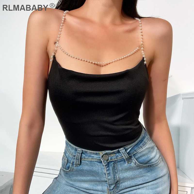 

Summer Women Beading Cropped Top Pearl Spaghetti Strap Sleeveless Backless Sexy Tank Top Casual Night Club Party Lady Vest, Black