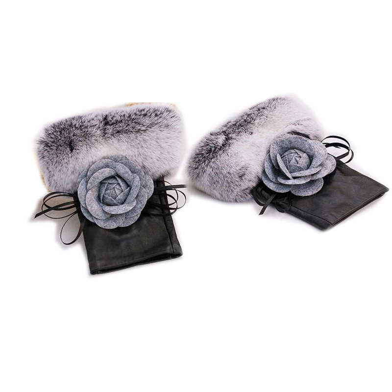 

2020 New Women's 100% Real Genuine leather Rex Fur Winter Fingerless Gloves real leather Mittens sheepskin gloves
