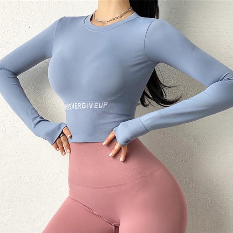 

Seamless Sports Top Women Fitness Jersey Gym Long Sleeve Breathable Yoga Crop Top Female Letter Running Workout Tops T-shirt, Black
