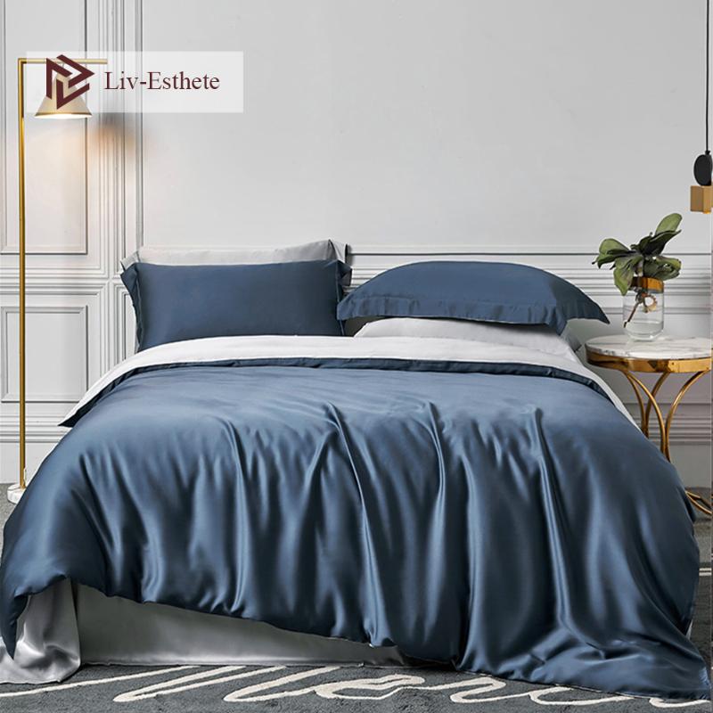 

Liv-Esthete 100% Silk Blue Gray Bedding Set 25 Momme  King Duvet Cover Bed Sheet Fitted Sheet Pillowcace For Beauty Sleep, 004