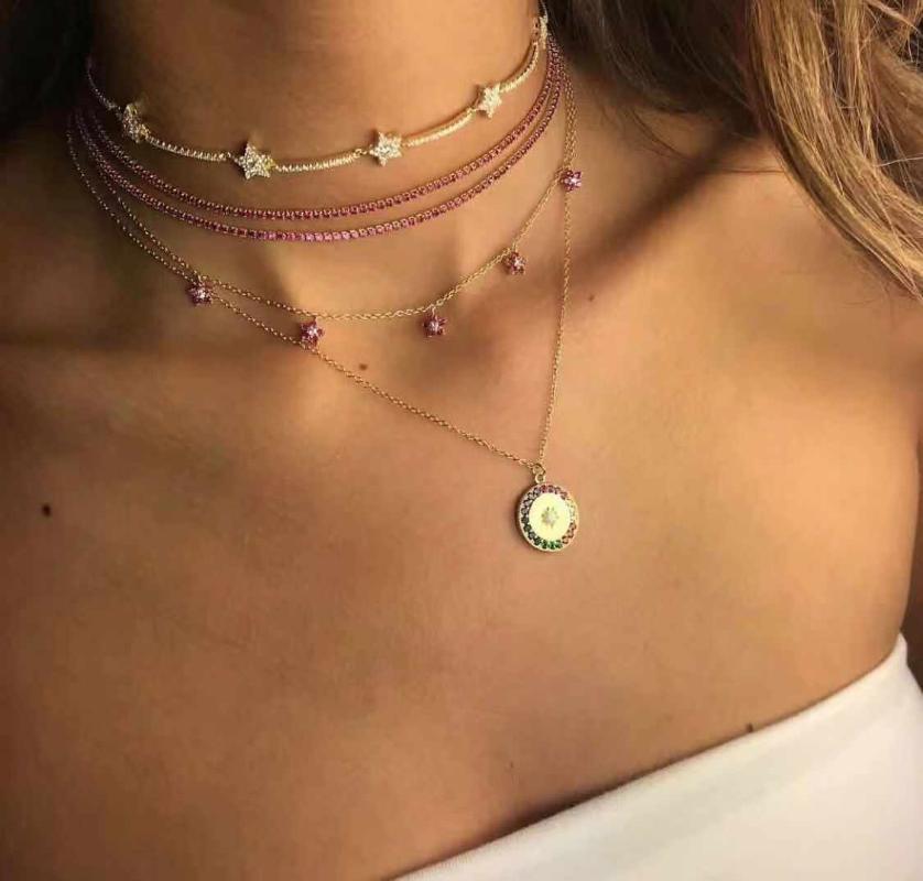 

New round charm rainbow cz white fire opal stone starburst Round signet pendant necklace simple geometric fashion jewelry