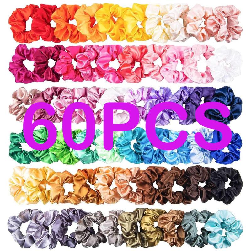 

60PCS Fashion Solid Silk Satin Scrunchie Hair Band Suitable For Women or Girls Ponytail High Quality chouchou cheveux femme