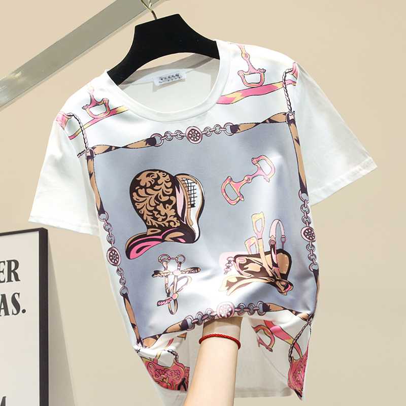 

Modis print short sleeve t shirt women o-neck white tee shirt femme personality loose basic tshirt 2020 summer tops new arrival