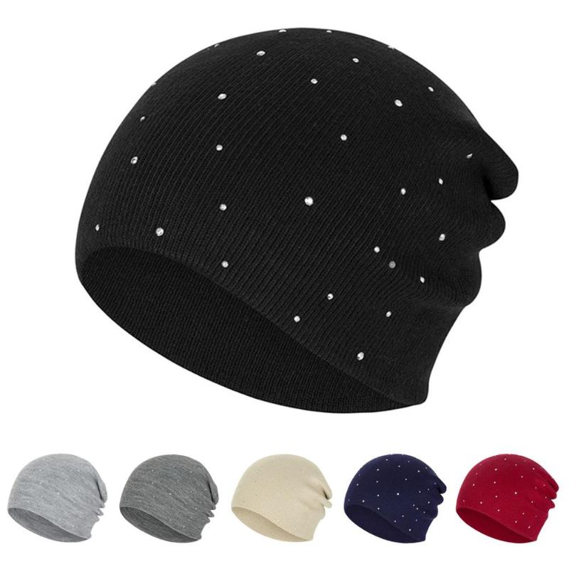 

New Pearl Winter Skullies Beanies Hat Women Solid Color Knitted Cotton Female Winter Beanies Caps Soft Warm Hats Ladies Bonnet