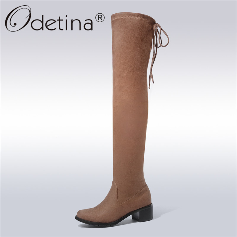 

Odetina New Fashion Leather Women Slip On Thigh Boots Comfortable Chunky Heel Lady Over The Knee Boots Big Size 43 Autumn Winter, Red microfiber