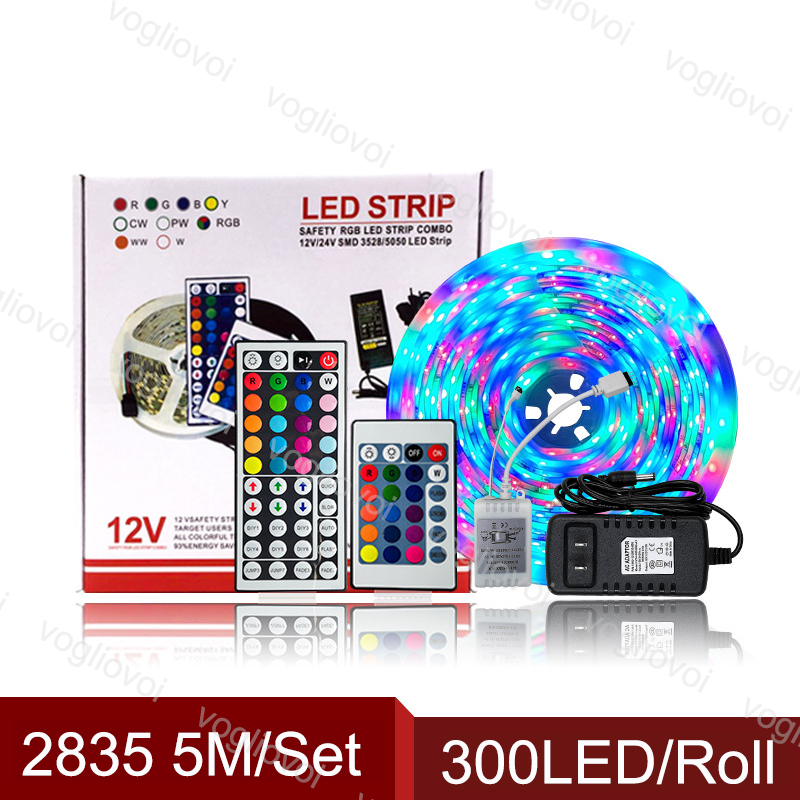 

Led Light Strip 5M SMD2835 300Leds/Roll DC12V Waterproof Multicolor 24/ 44keys 110-240V 2A Adapter Holiday Lighting For Courtyard Plaza DHL