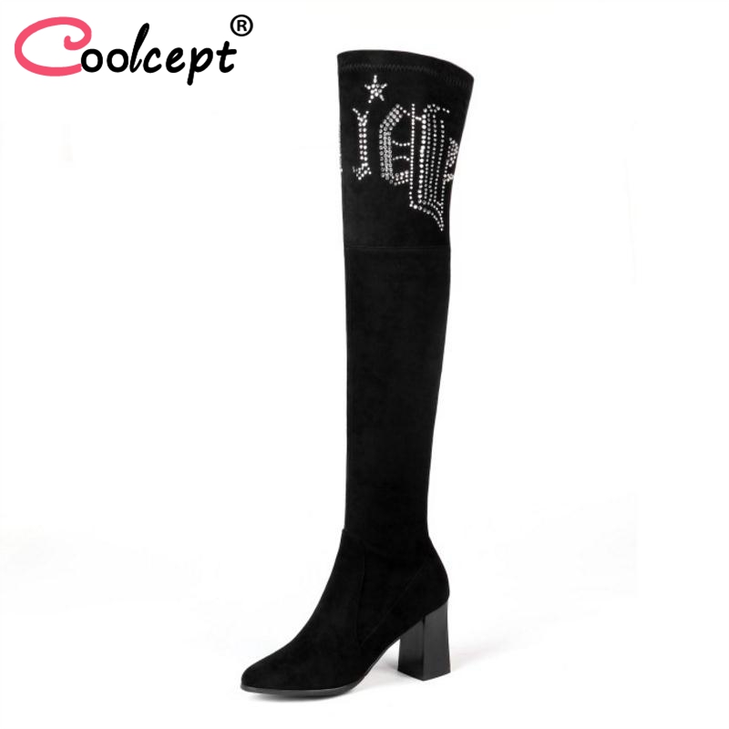

CoolCept Plus Size 31-45 Real Leather High Heel Boots Women Over Knee Winter Shoes Woman Warm Fur Shoes Crystal Long Boots, Black
