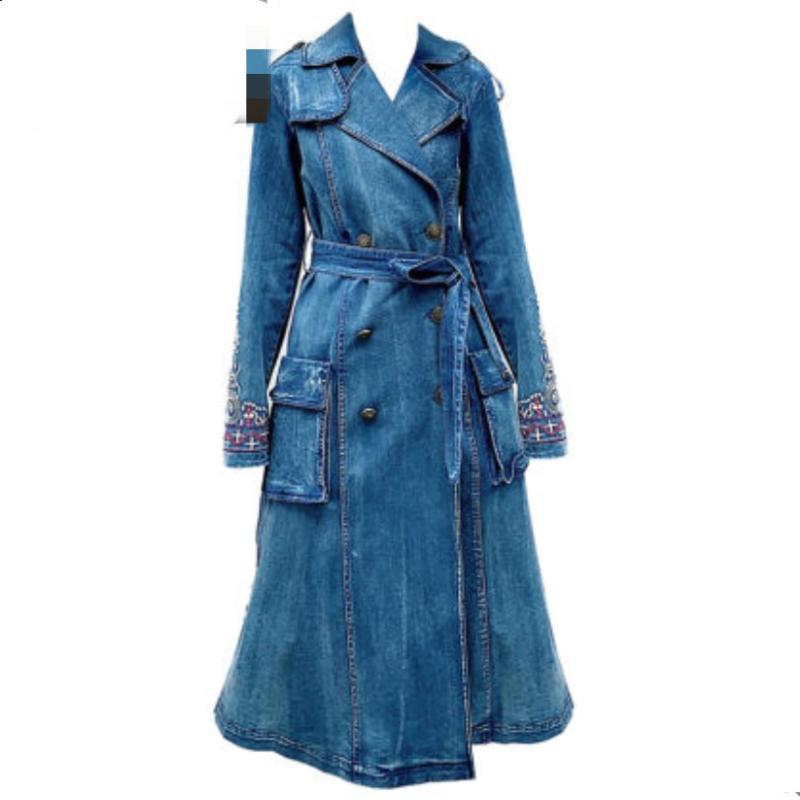 

2020 spring vintage embroidered denim trench coat women double breasted slim long jeans windbreak outercoat, Blue