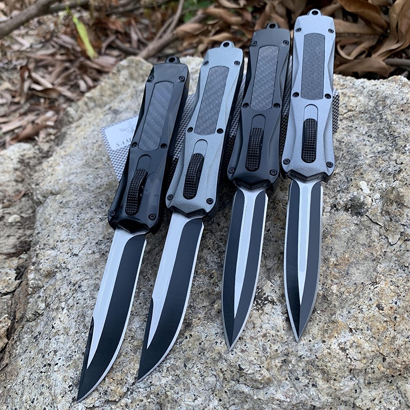 

New A16 Single double blade Automatic Knife carbon fiber Handle 440 Blade Outdoor Camping Hiking knife with back clip and glass bumper A163