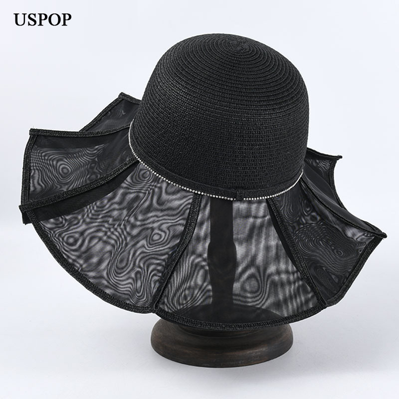 

USPOP mesh yarn patchwork women sun hats wide brim straw hats Lotus leaf fedoras female summer, White