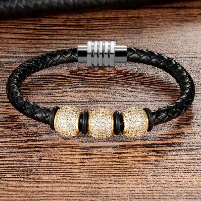 

XQNI Top Genuine Leather 316L Stainless Steel Magnetic Buckle 12mm CZ Bead Men Women Leather Bracelet Male Unisex Bangle