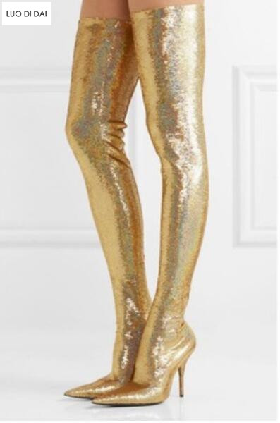 

2020 autumn new woman point toe thigh high boots bling bling boots glitter women booties leopard over knee high booties, As pic